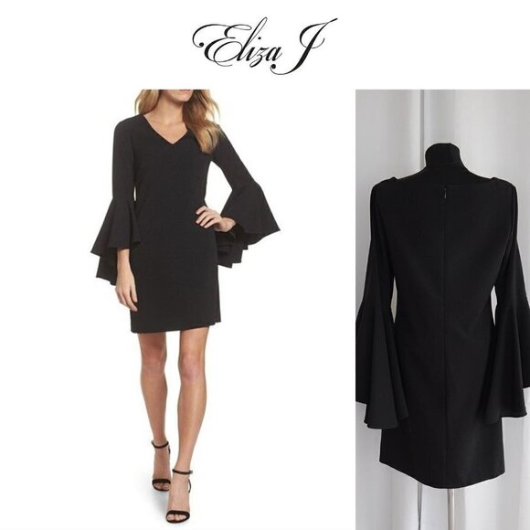 Eliza J Bell Sleeve Black Crepe Shift Dress Sz 6 - Picture 1 of 7